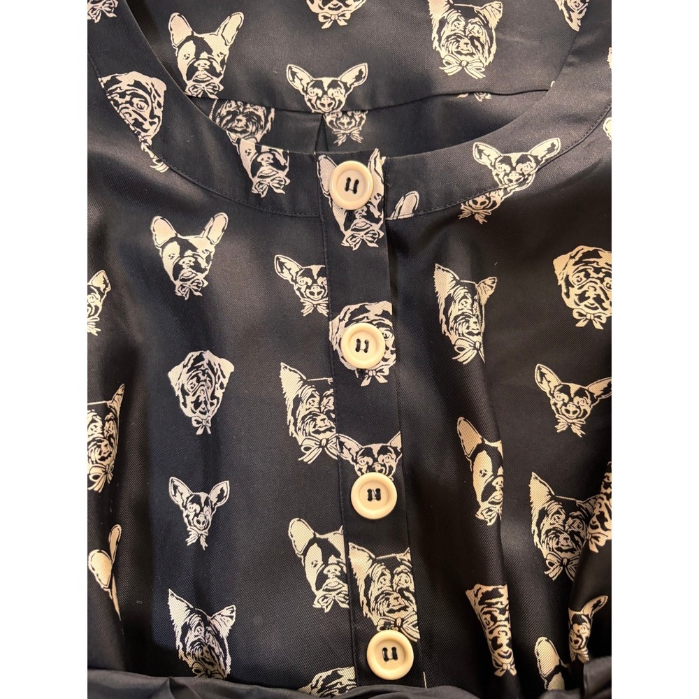 Maeve‎ Silk Dog Print Shirt Dress Womens XS Black Excellent Belted Midi Pocket - Picture 8 of 10